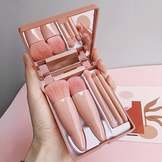 5-Piece Foldable Travel Makeup Brush Set with Mirror Travel Makeup Brush Set Peaceful Pleasures Health and Wellness Coffee Pink