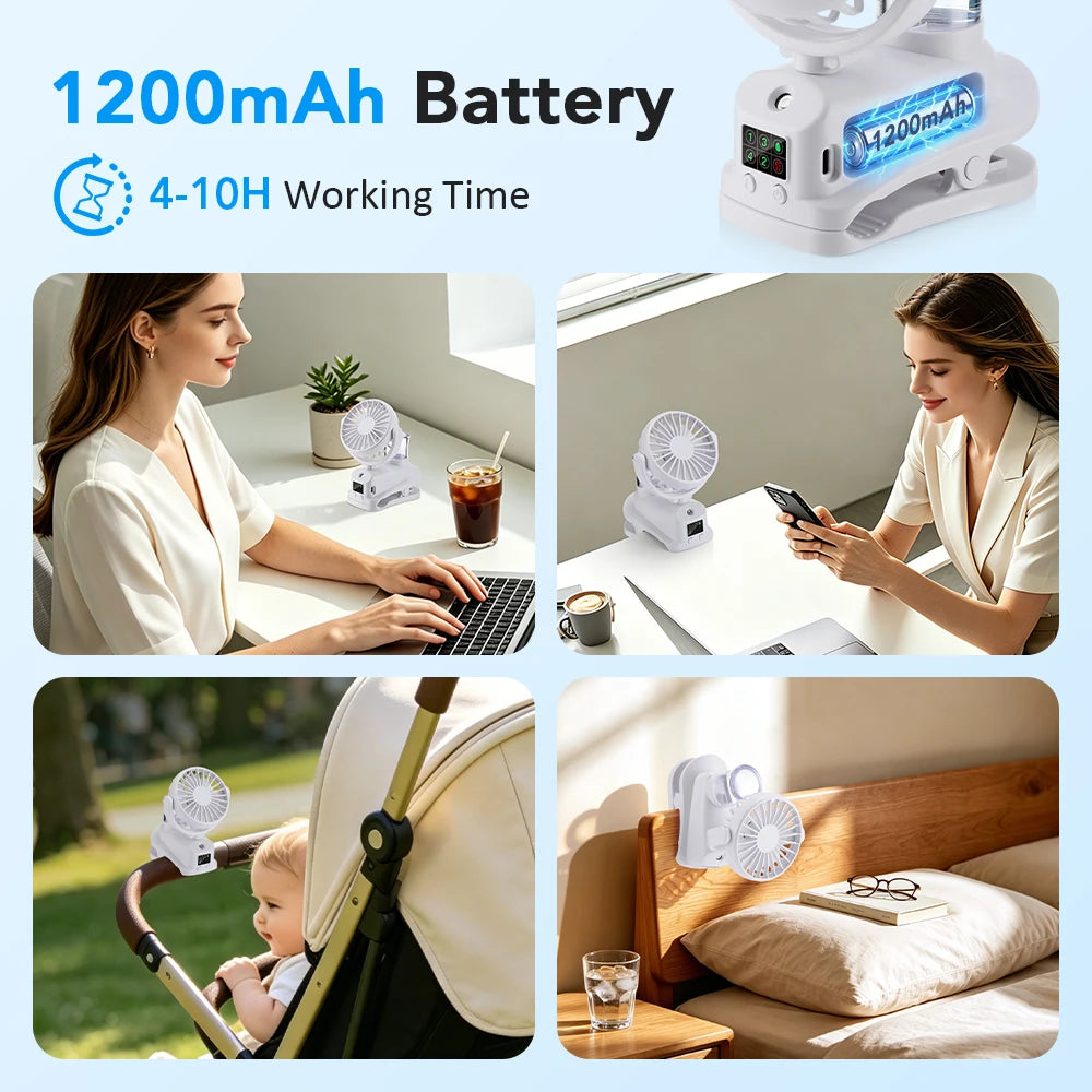 Misting Clip Fan for Baby Stroller, Portable Rechargeable USB Desk Spray Fan, Quiet 1200mAh Mini Air Cooler with LED Display Peaceful Pleasures Health and Wellness