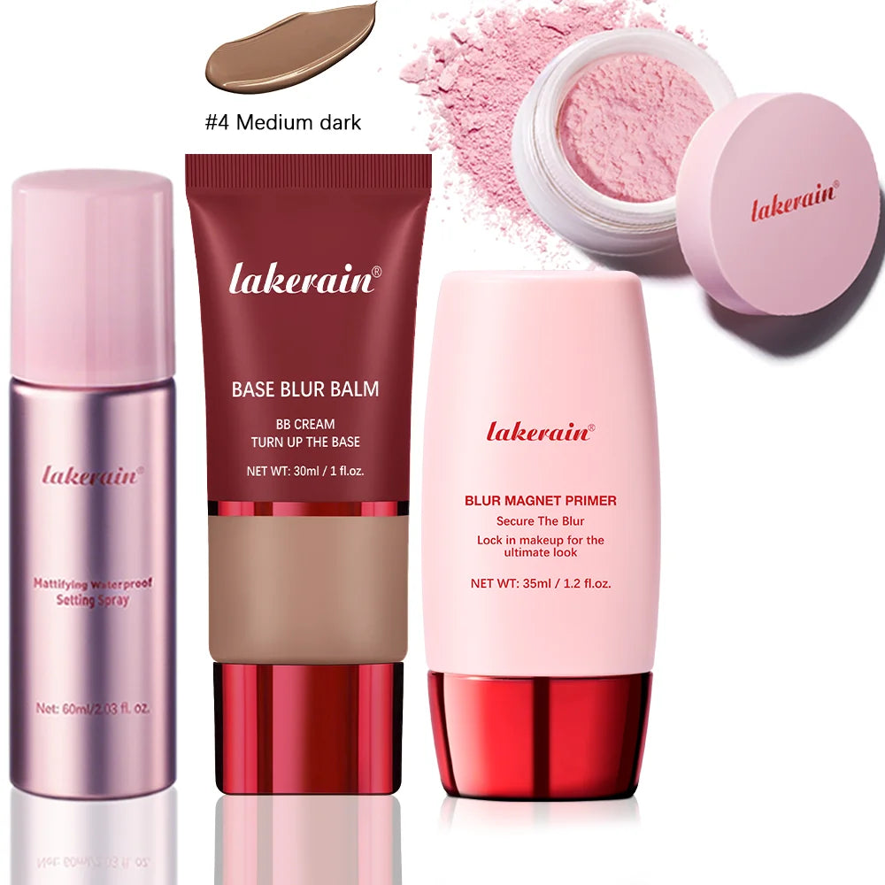 Ultimate Blurring Setting Powder Travel Size Set Waterproof Setting Spray Blur Magnet Primer BASE BLUR BALM Oil Control Kit Peaceful Pleasures Health and Wellness 4 medium dark set1