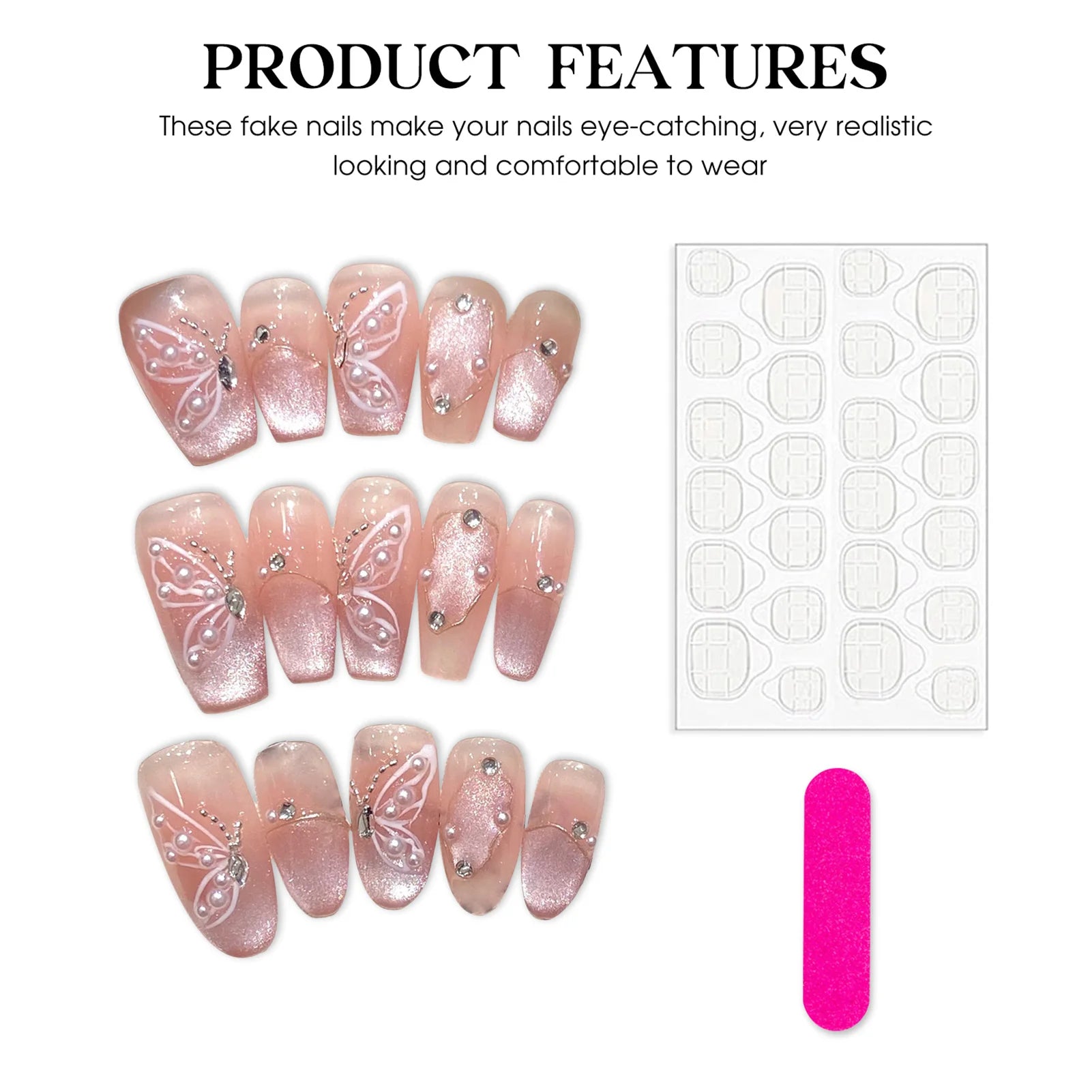 Handmade Press on Nails Shiny Pink Cat Eye Pearl Fake Nail Tips For Girl Women Wearable Full Cover Korean Sweet False Nails Peaceful Pleasures Health and Wellness