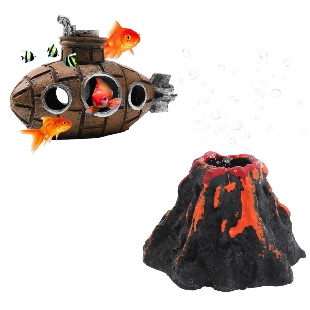 Aquarium Decoration Set Resin Submarine & Volcano Air Bubbler Fish Tank Ornaments Landscape Accessories for Betta Shrimp Decor Peaceful Pleasures Health and Wellness