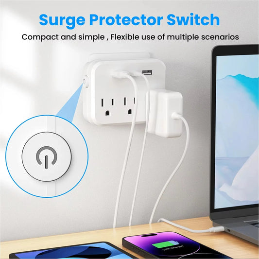 Surge Protector Power Strip 6-in-1 Mini Portable 3 AC Sockets 2 USB Ports 1 Type-C Port White US Plug Peaceful Pleasures Health and Wellness US