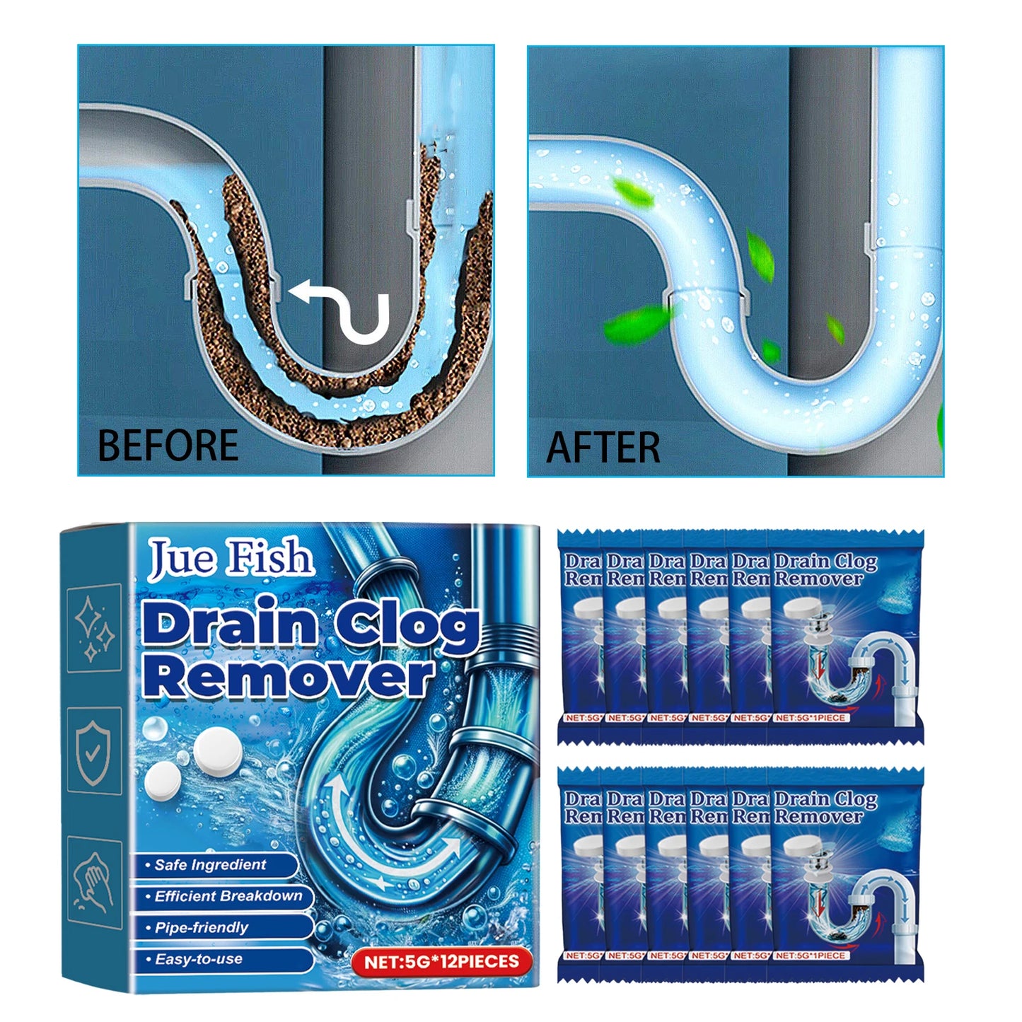 12-Pack Drain Clog Remover Effervescent Tablets | Pipe Cleaner