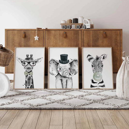 3-Piece Cartoon Safari Animals Canvas Wall Art | Kids Room Decor Canvas Wall Art Set Peaceful Pleasures Health and Wellness G4452-3pcs 21x30cm Unframed