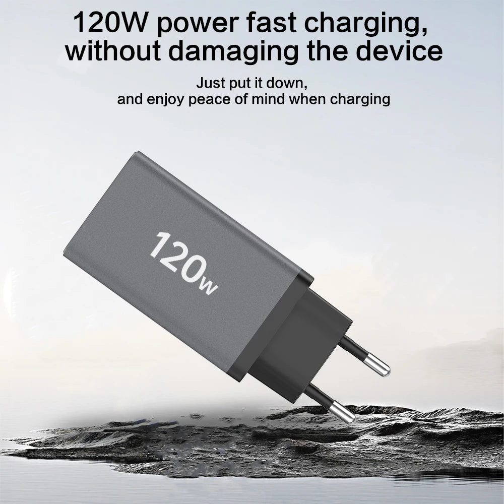 120W 3-Port USB-C Fast Charger PD3.0 QC3.0 Wall Adapter