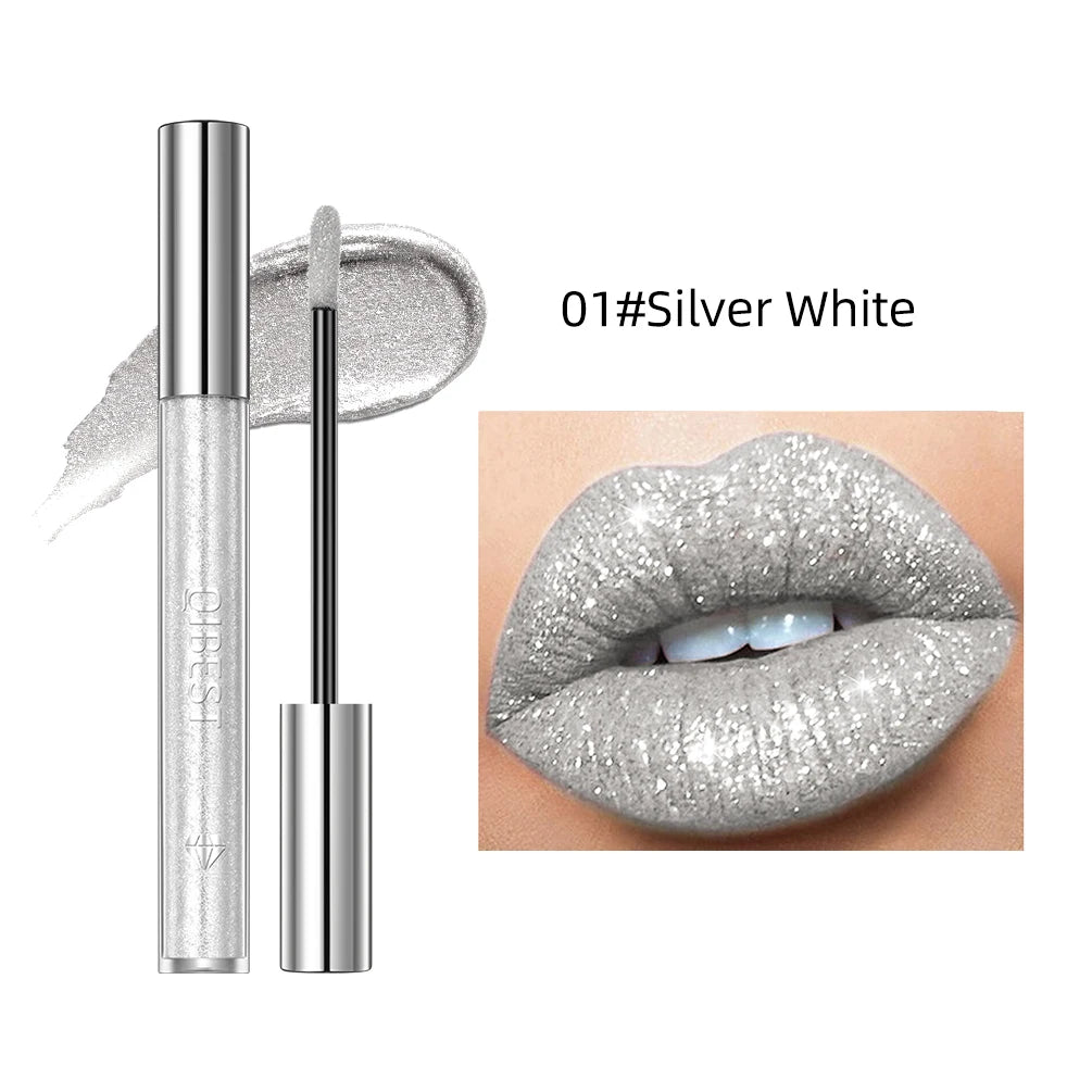 QIBEST Diamond Liquid Lipstick Lip Tint 6 Colors Moisturizing Long-Lasting Makeup Gray Sparkling Waterproof Lip Gloss Cosmetics Peaceful Pleasures Health and Wellness 01 Silver White