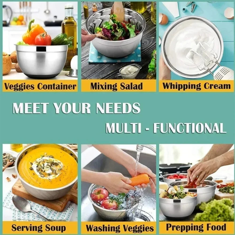 Stainless Steel Mixing Bowl with Lid – Non-Slip Silicone Bottom Salad & Egg Beating Bowl for Kitchen