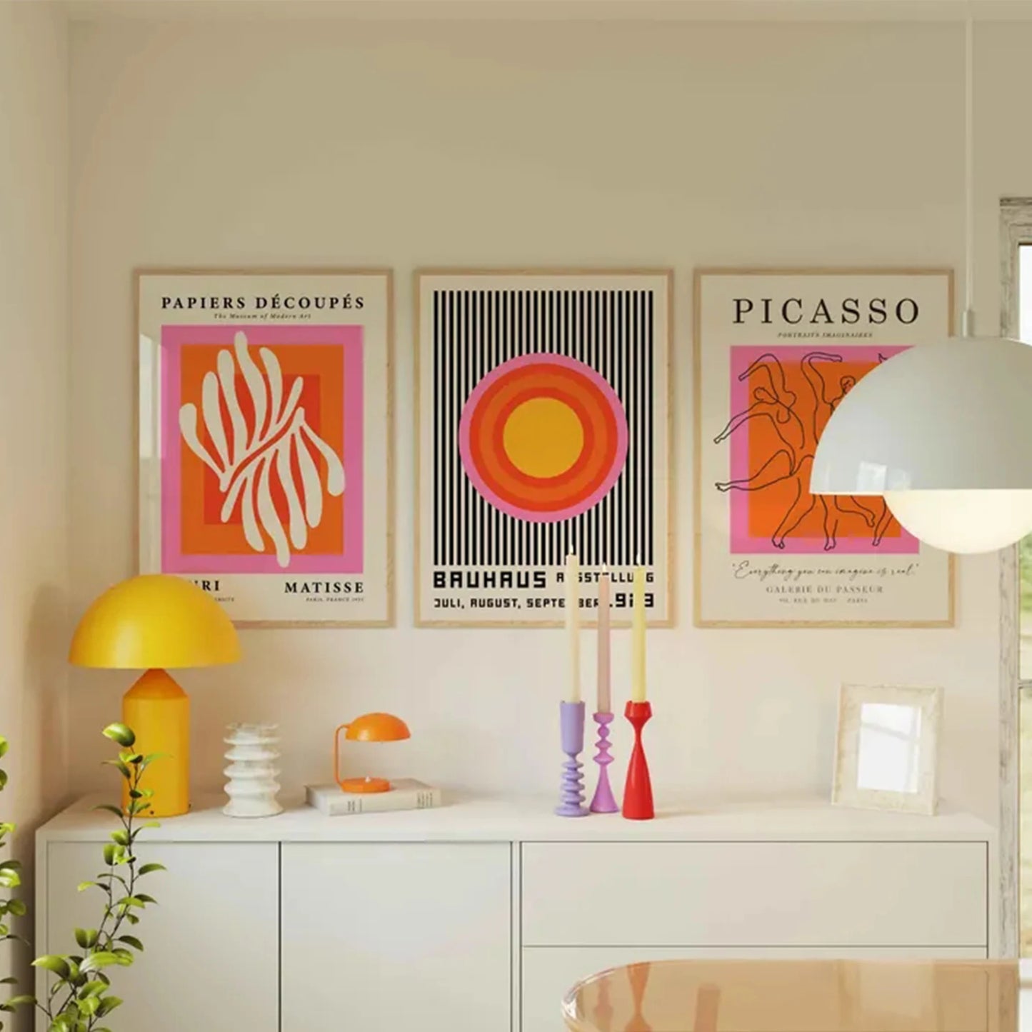 3-Piece Orange Bauhaus & Picasso Canvas Wall Art Print Set