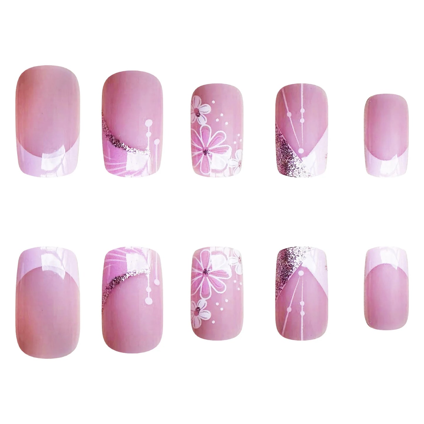 24pcs French Pink Flower Short Coffin Press On Nails | Nude Pink