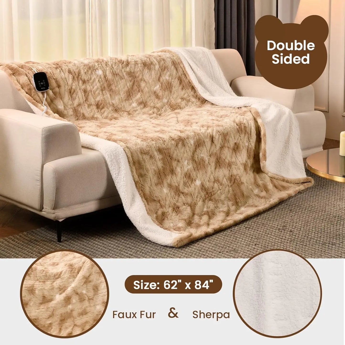 Electric Heated Blanket Twin 62x84" – Faux Fur & Sherpa, ETL Certified Peaceful Pleasures Health and Wellness