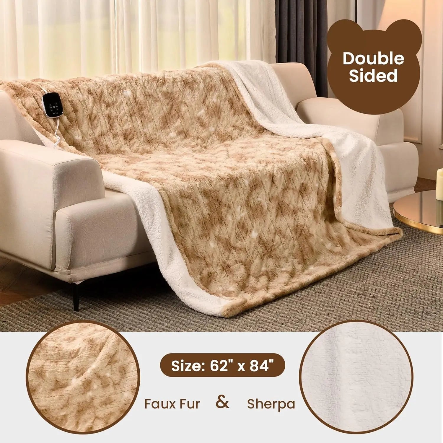 Electric Heated Blanket Twin 62x84" – Faux Fur & Sherpa, ETL Certified Peaceful Pleasures Health and Wellness