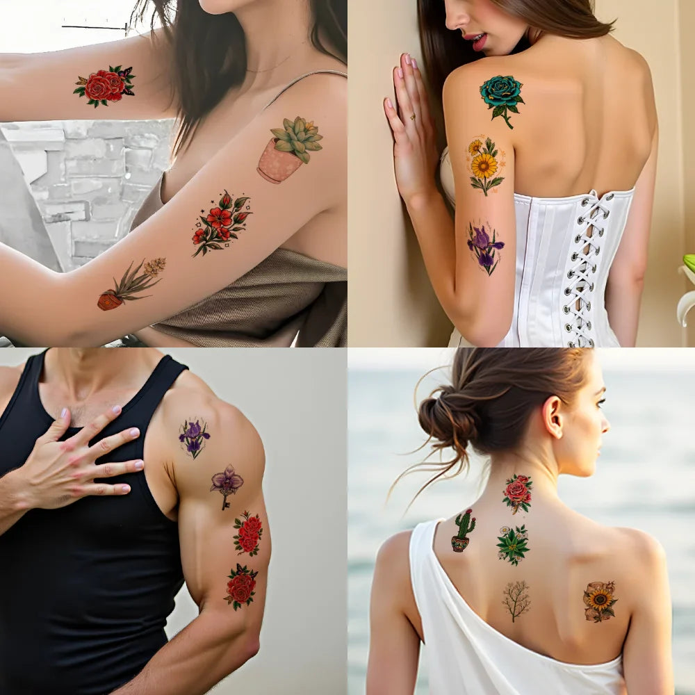 28pcs Waterproof Temporary Tattoos – Rose, Cactus & Sakura