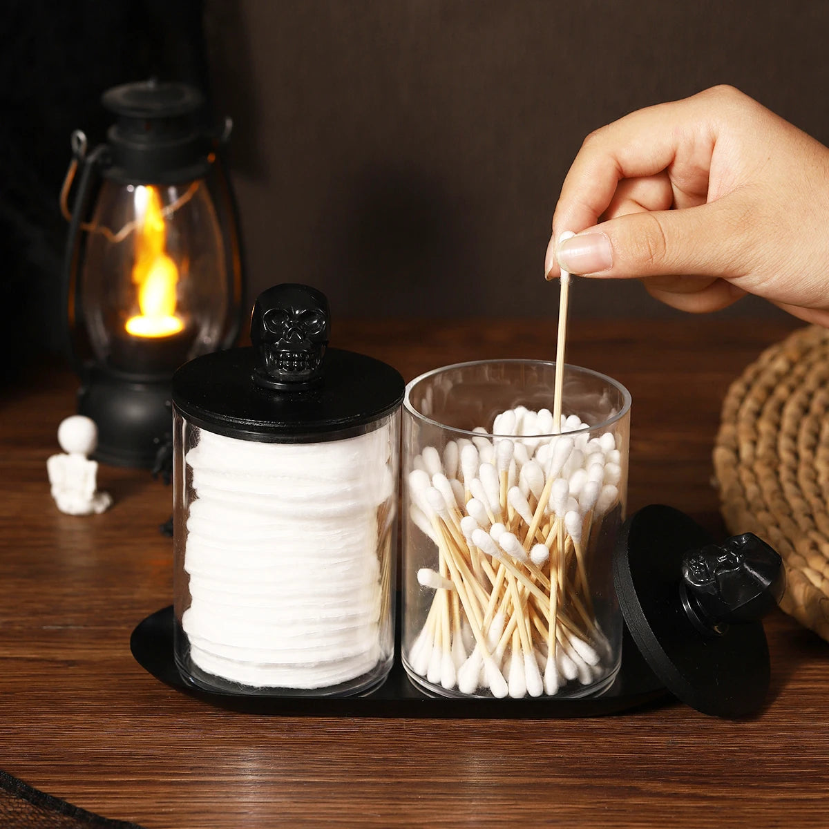 2 Pack Acrylic Apothecary Jars Qtip Holder Dispenser Canisters with Tray, Bathroom Jars Set Cotton Ball Qtip Holder Halloween Peaceful Pleasures Health and Wellness