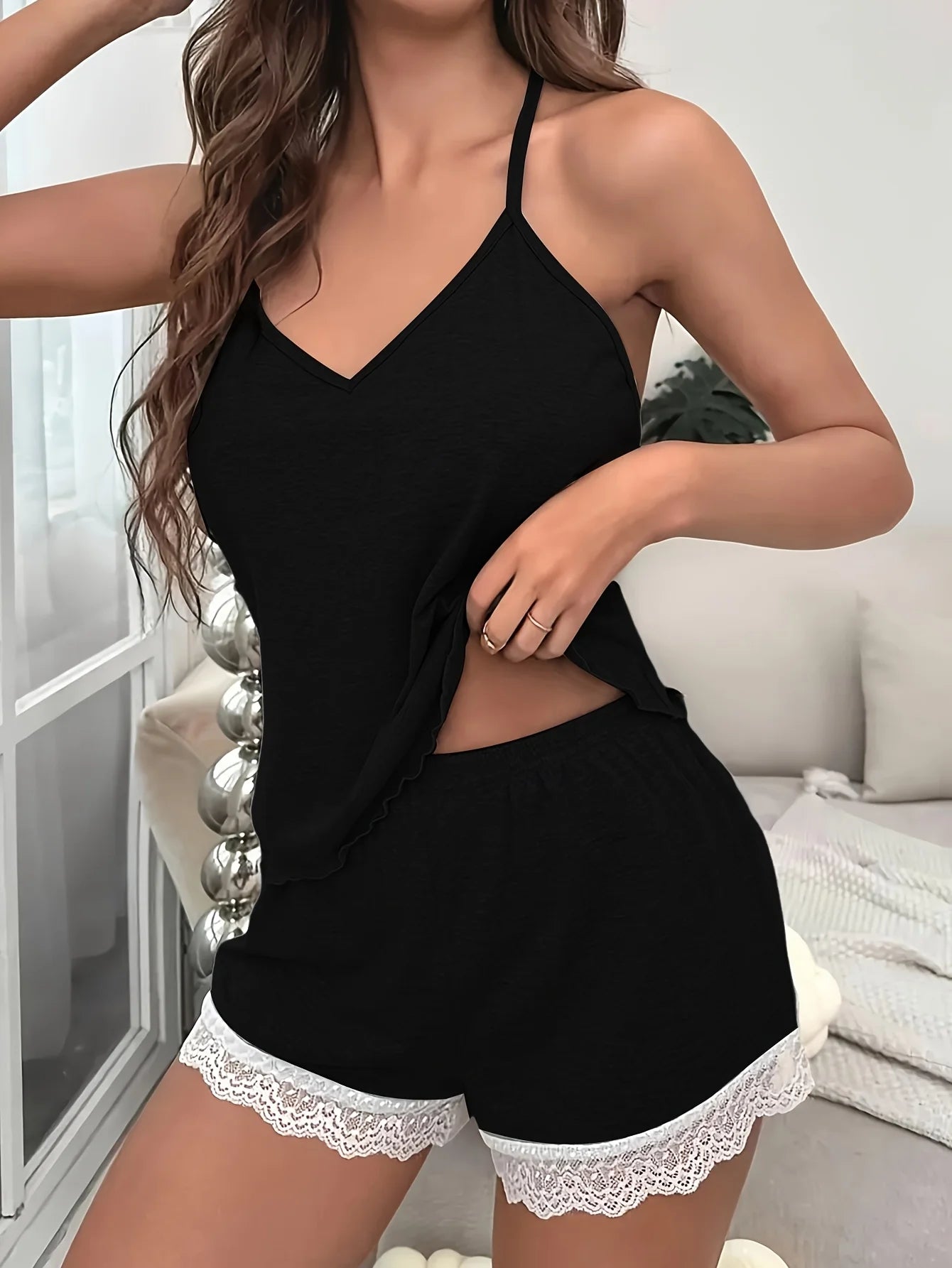 Women’s Lace Trim Pajama Set Sleeveless Backless Sleepwear Soft Cotton Lounge Shorts Set for Summer Homewear Nightwear Loungewea Peaceful Pleasures Health and Wellness