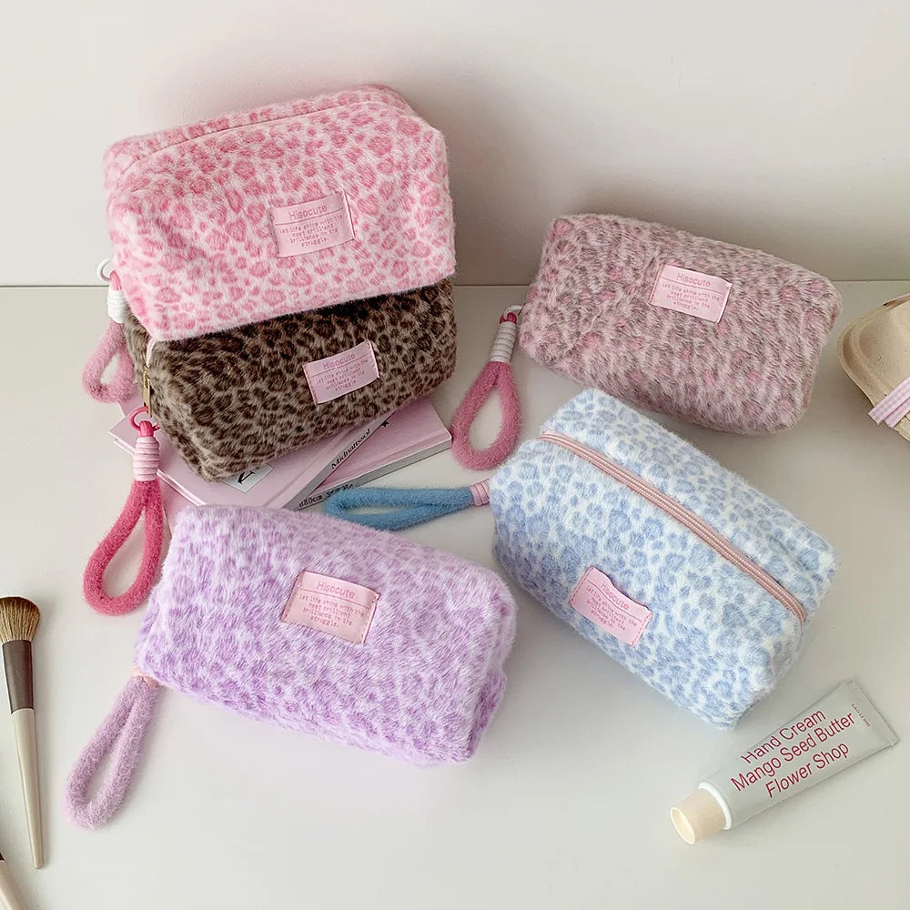 Plush Leopard Print Makeup Bag Student Portable Stationery Pencil