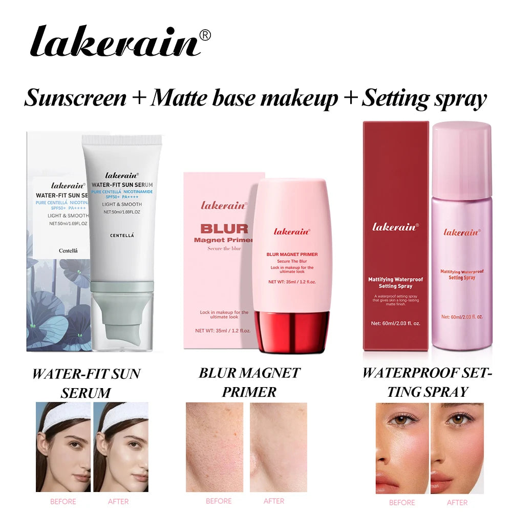 Water-fit Sun Serum & Blur Magnet Primer & Waterproof Matte Setting Spray Set SPF50 Sunscreen Oil Control Matte Makeup Effect Peaceful Pleasures Health and Wellness SET