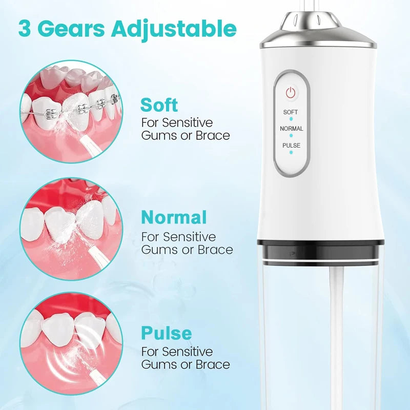 Portable Oral Irrigator USB Fast Rechargeable Mouth Washing Machine For Family Travel 3 Modes 4 Jet Tips Teeth cleaning machine Peaceful Pleasures Health and Wellness