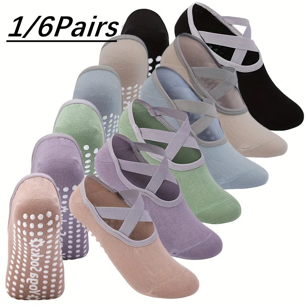 6 Pairs Women'S Yoga Socks Non-Slip Pilates Dance Socks Non-Slip Floor Slippers With Handles For Gym Indoor And Fitness Ballet Peaceful Pleasures Health and Wellness 6PC 1 M/L