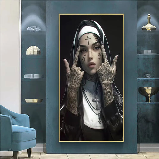 Smoking Nun Canvas Print Sexy Tattoo Machine Gun Nun Christian Wall Art Home Decor Peaceful Pleasures Health and Wellness