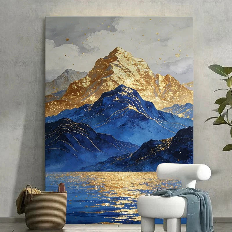Hand Painted Canvas Oil Painting Abstract Gold And Blue Mountains Poster Wall Art Picture Home Decor Hang Mural For Living Room Peaceful Pleasures Health and Wellness