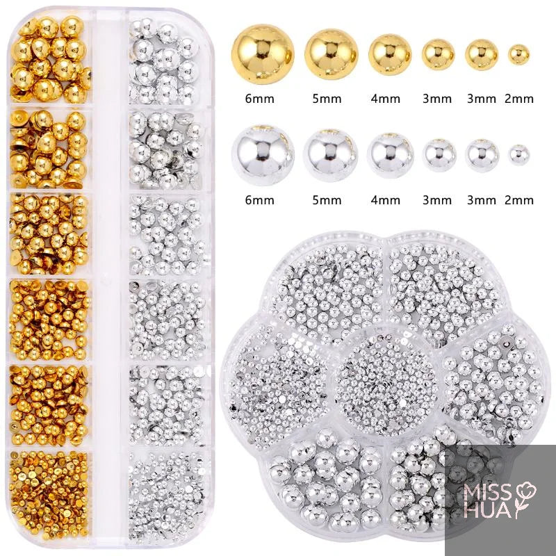 12-Grid Pearl Nail Charms Set – Gold & Silver Semi-Circular
