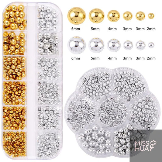 12-Grid Pearl Nail Charms Set – Gold & Silver Semi-Circular Nail Art Charms Peaceful Pleasures Health and Wellness
