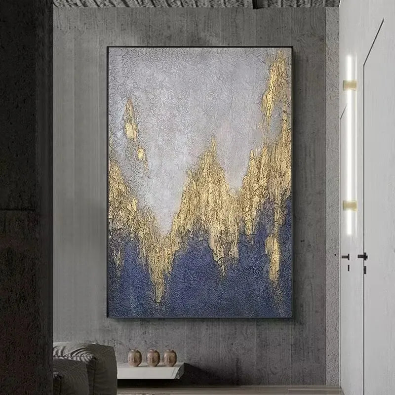 Gray Handmade Abstract Oil Painting on Canvas,Gold Foil Wall Art Decoration Poster Textured Abstract Image Vertical Mural Custom Peaceful Pleasures Health and Wellness