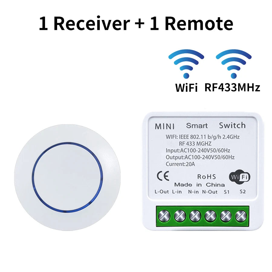 16A Tuya WiFi Smart Switch Module Smart Life APP Control Works with Alexa Google Home Wireless RF 433MHz Round Button Remote Peaceful Pleasures Health and Wellness 1 Receiver 1 Remote