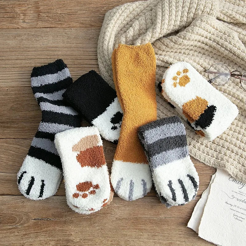 Women's Fuzzy Cat Paw Fluffy Socks | Warm Coral Fleece Floor Socks