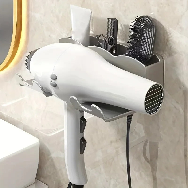 No-Drill Wall-Mount Hair Dryer Holder & Bathroom Storage Rack