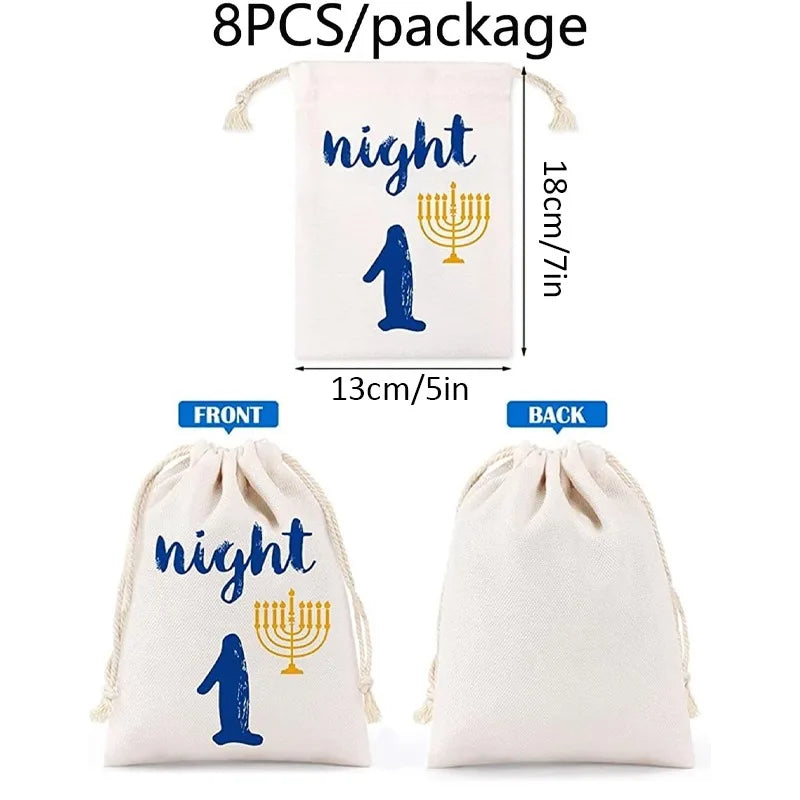 8 Nights Hanukkah Drawstring Bags | Chanukah Countdown Pouches Holiday Countdown Pouches Peaceful Pleasures Health and Wellness