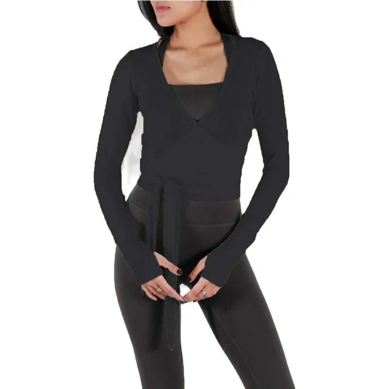 Women's Wrap Tie Front V-Neck Long Sleeve Yoga Sports Top