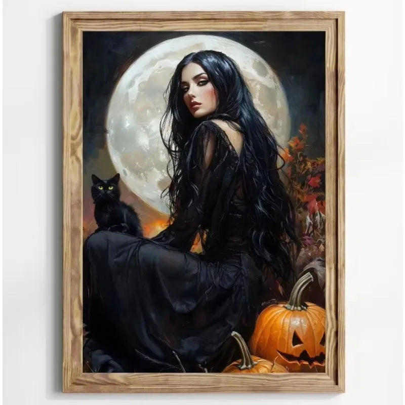Classic Witch Black Cat Pumpkin Apothecary Full Moon Wall Art Halloween Goth Canvas Painting Moody Poster Home Bedroom Decor Peaceful Pleasures Health and Wellness