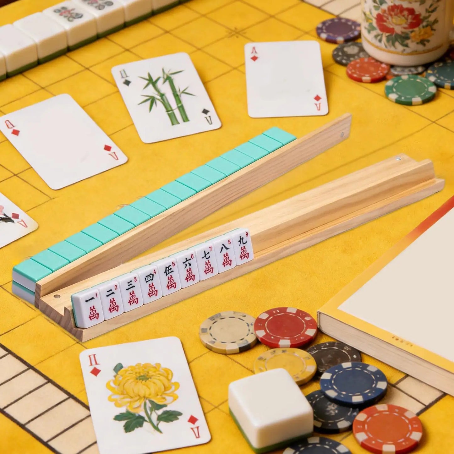 4Pcs Wooden Mahjong Racks With Pushers Non Slip Portable Mahjong Tile Holders for Family Home Travel Camping Game Night Peaceful Pleasures Health and Wellness