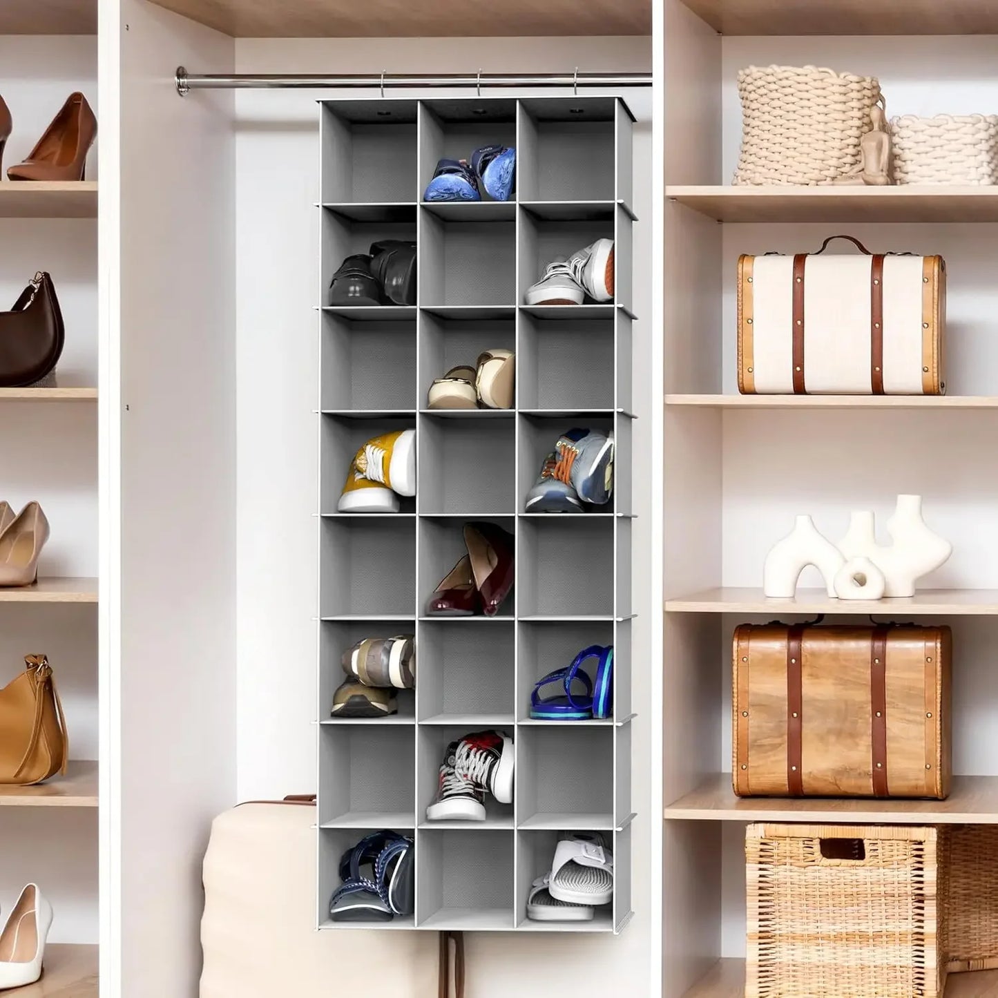 24-Section Hanging Shoe Organizer for Closet, Gray - Space-Saving Storage Solution Peaceful Pleasures Health and Wellness