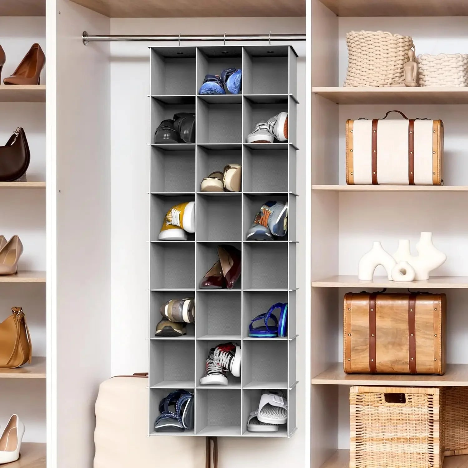 24-Section Hanging Shoe Organizer for Closet, Gray - Space-Saving Storage Solution Peaceful Pleasures Health and Wellness