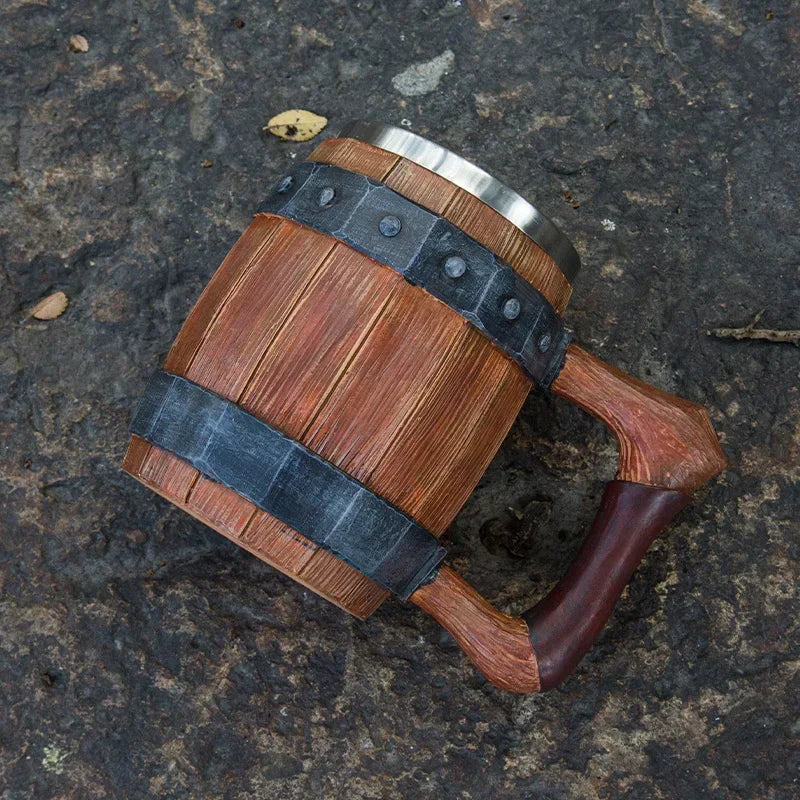 Wooden Barrel Beer Cup Stainless Steel Coffee Mug Viking Style Vintage Beer Mug Double Wall Drinking Cup Halloween Bar Drinkware Peaceful Pleasures Health and Wellness