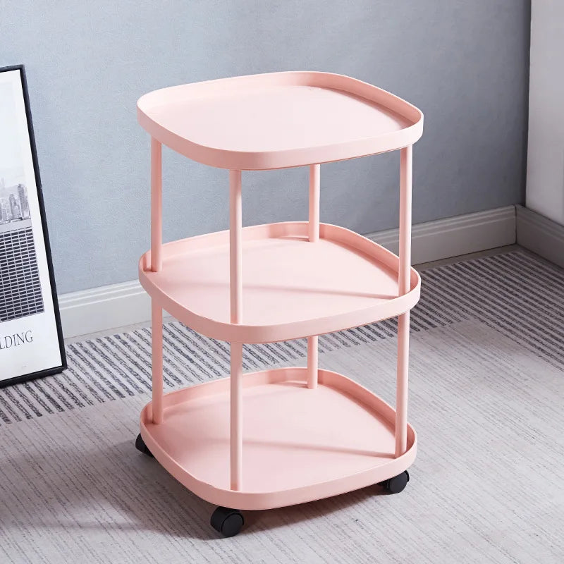 Quick Easy Assembly Simple Modern Stylish Lightweight Nightstand With Storage Shelf For Small Space Bedroom Apartment Renters Peaceful Pleasures Health and Wellness 3 Layers Pink