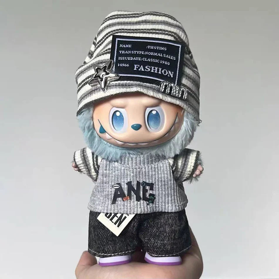 Labubu 15–17cm Korean Grey Star Hat Cloth Outfit Set