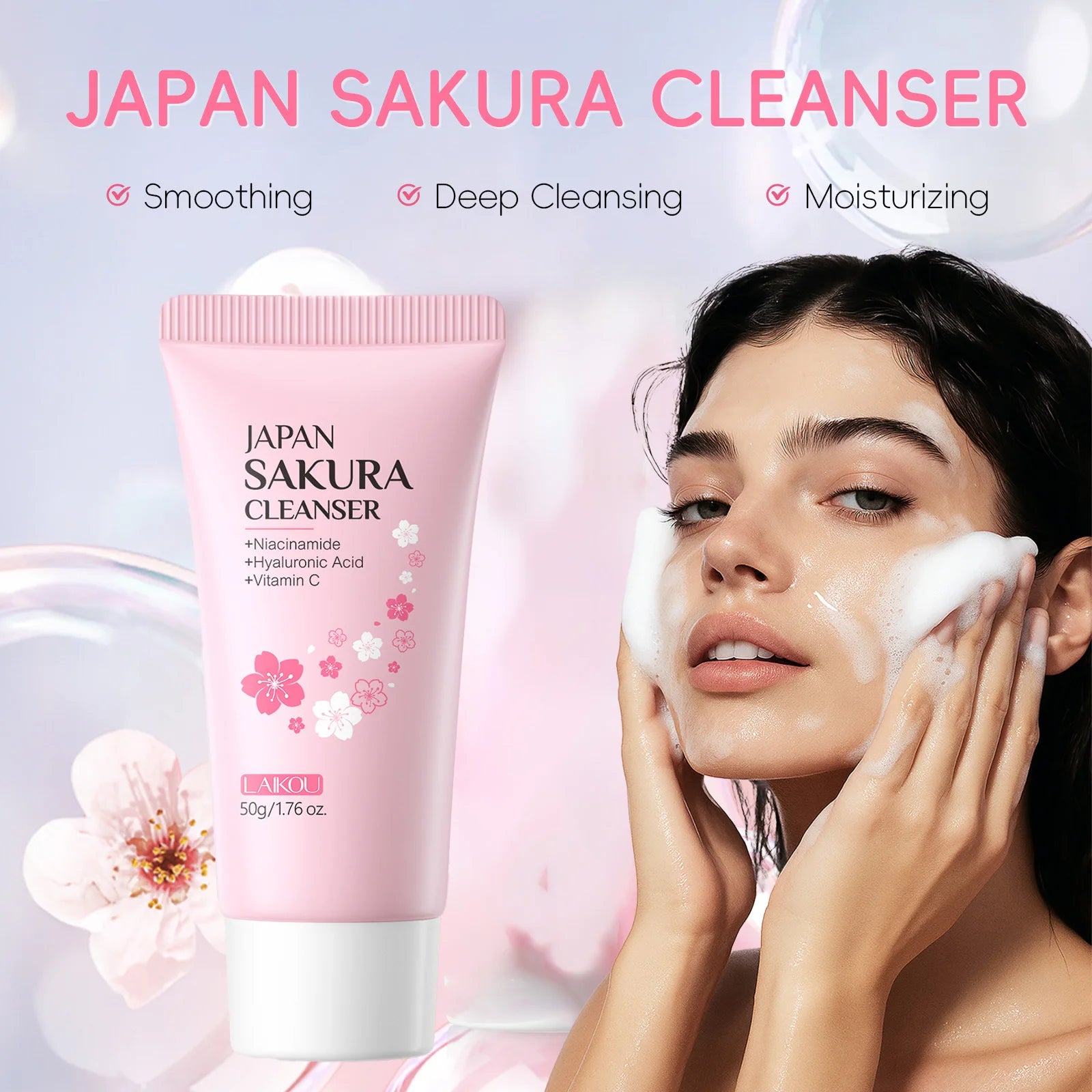 Laikou Sakura Facial Cleanser Deep Cleansing Pores Oil Control Moisturizing Brightening Face Wash Gentle For All Skin Types 50g Peaceful Pleasures Health and Wellness