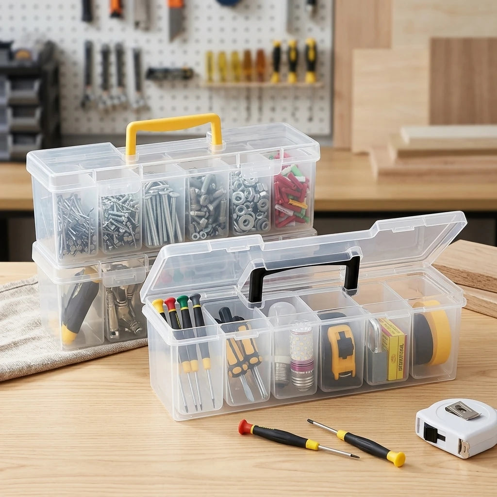Portable 6-Compartment Clear Small Parts Organizer Box – For Hardware, Beads, Jewelry & Crafts