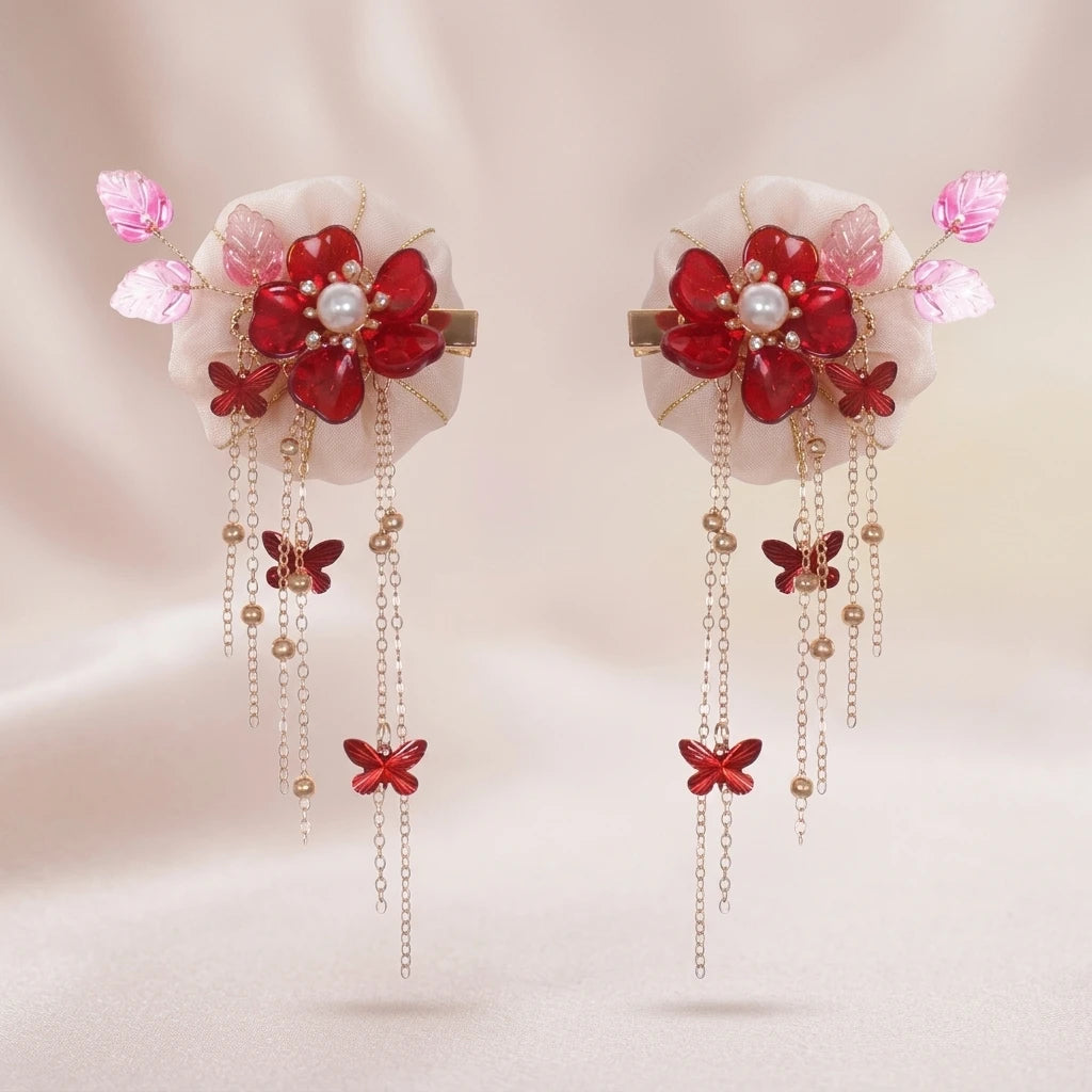 Butterfly Crystal Tassel Hair Clip Symmetrical Double Buns 2 Pairs Alloy Elegant Design for Festival and Daily Use Peaceful Pleasures Health and Wellness