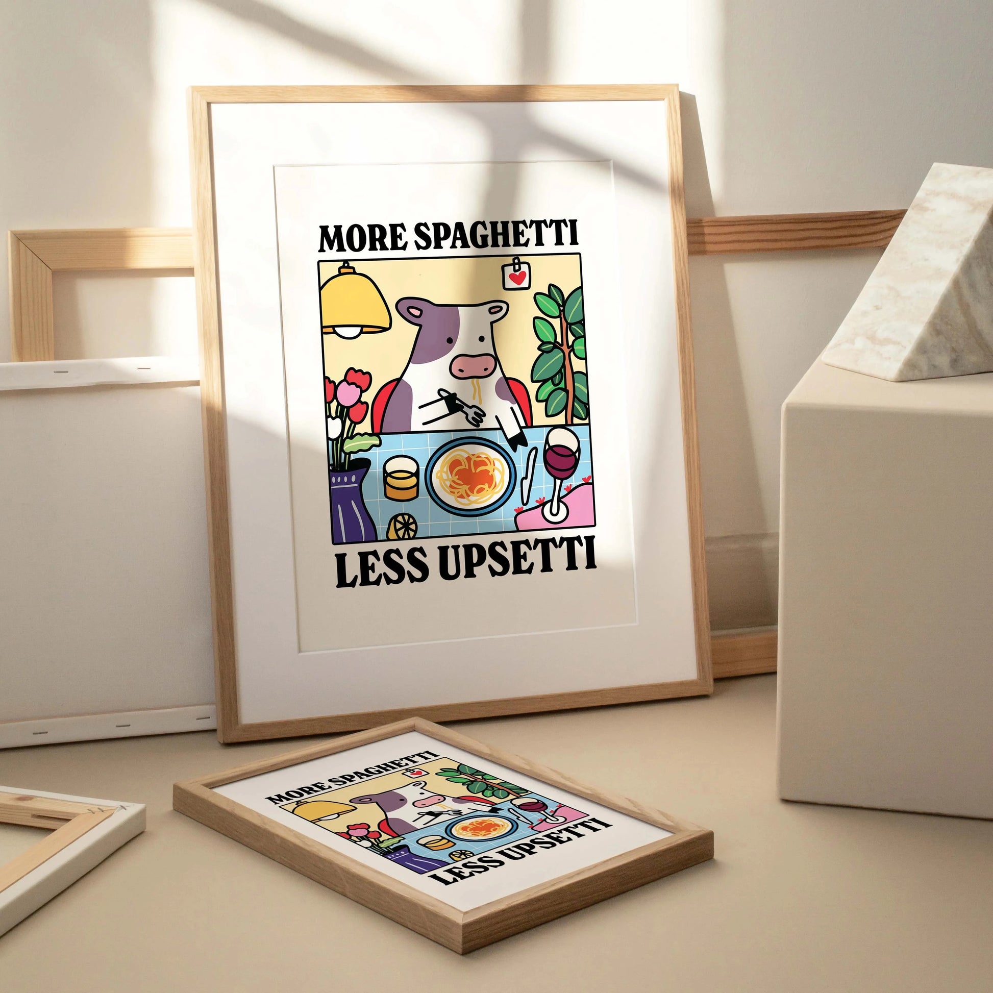 More Spaghetti Less Upsetti Cartoon Cow Wall Art Prints Canvas Painting Poster Picture For Living Children Room Home Decor Gift Peaceful Pleasures Health and Wellness