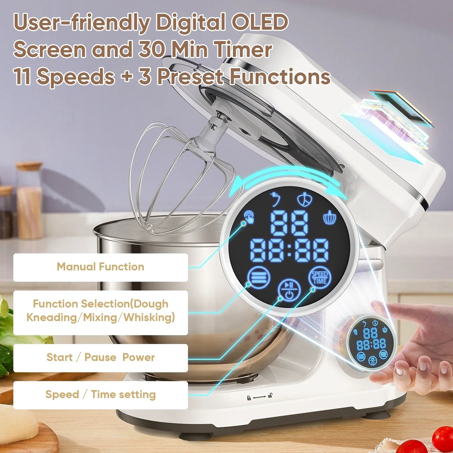 BioloMix Kitchen Food Stand Mixer, 1200W 11-Speeds DC Motor, Digital OLED Screen, Electric Food Mixer with Dough Hook, Whisk Peaceful Pleasures Health and Wellness