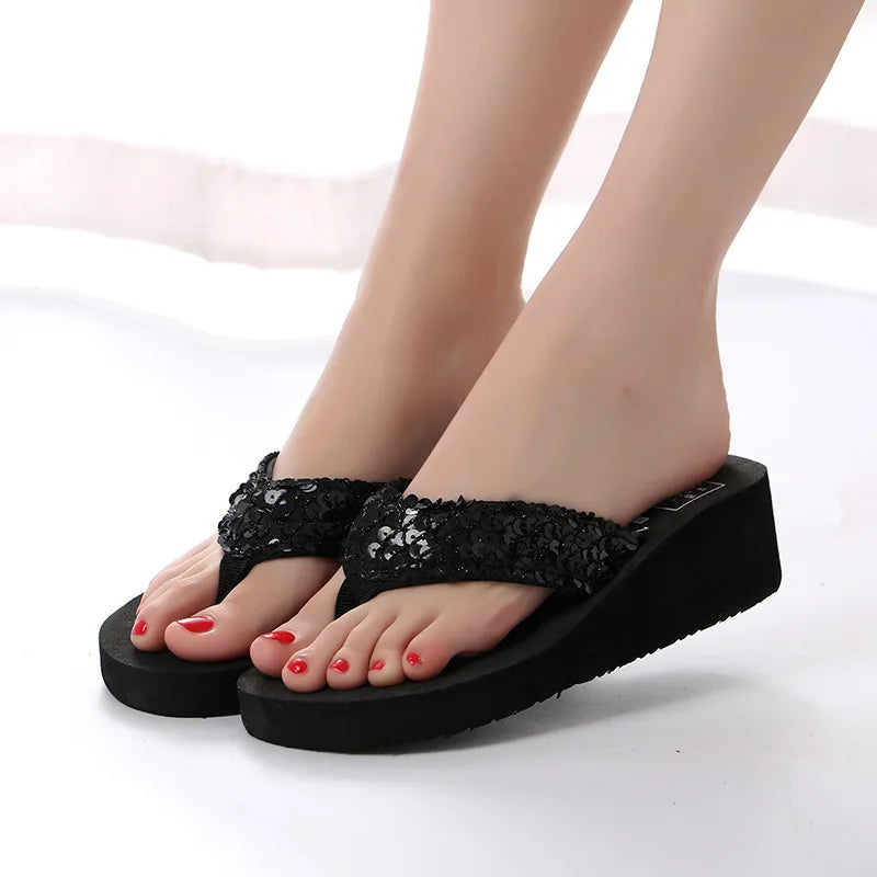 Women's Sequin Platform Wedge Flip Flops – Beach Sandals