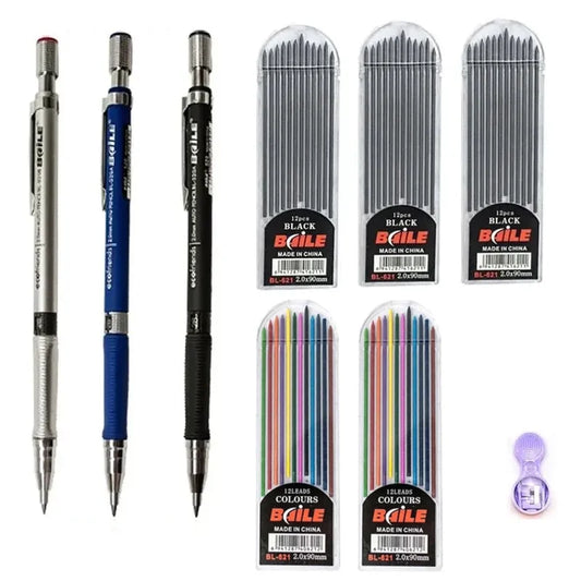 Mechanical Pencil Set 2.0 mm with 2B Black/Colors Lead Refill For Writing Sketching Art Drawing Painting School Automatic Pencil Peaceful Pleasures Health and Wellness