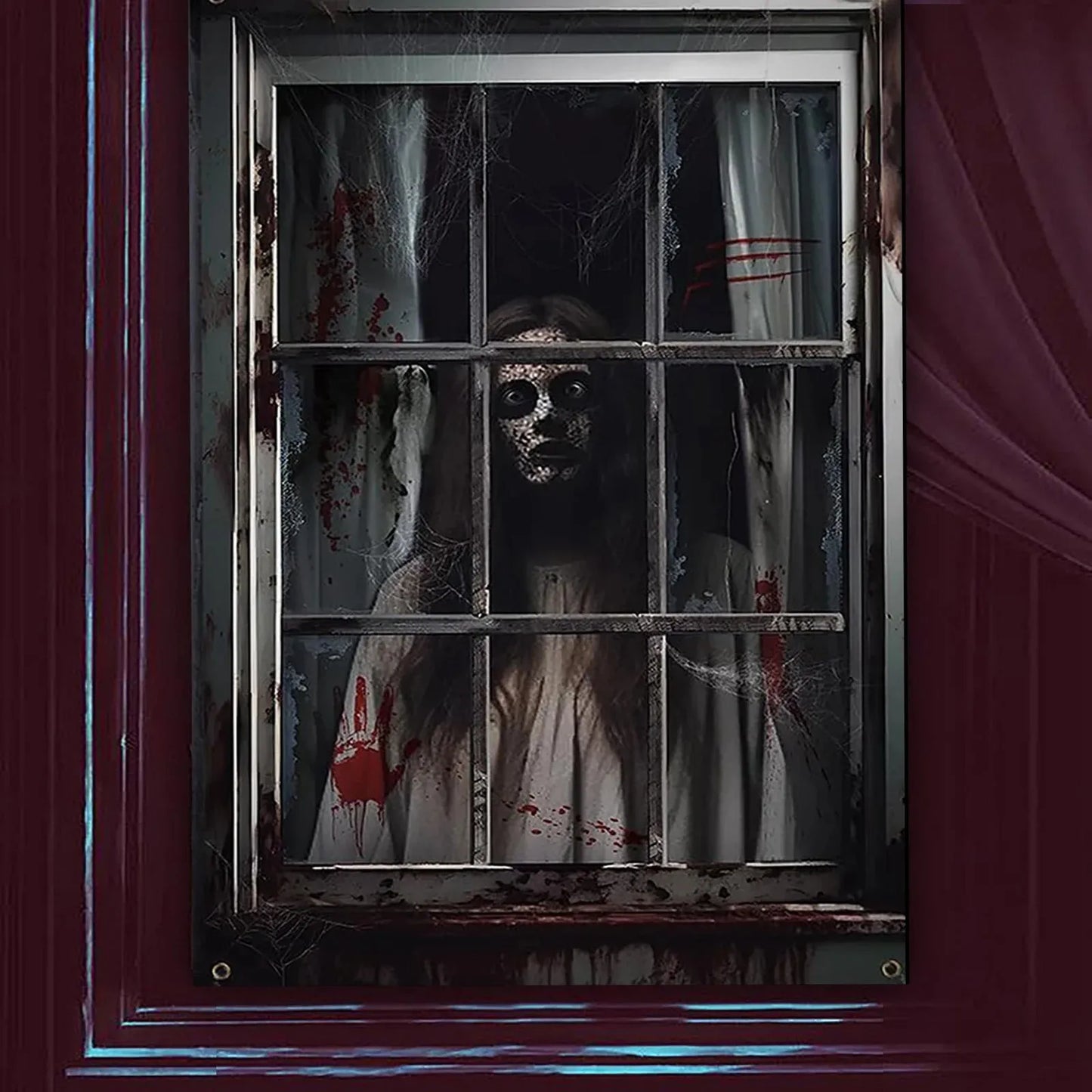 Halloween Window Silhouette Horror Poster – Blood Curtain Decor