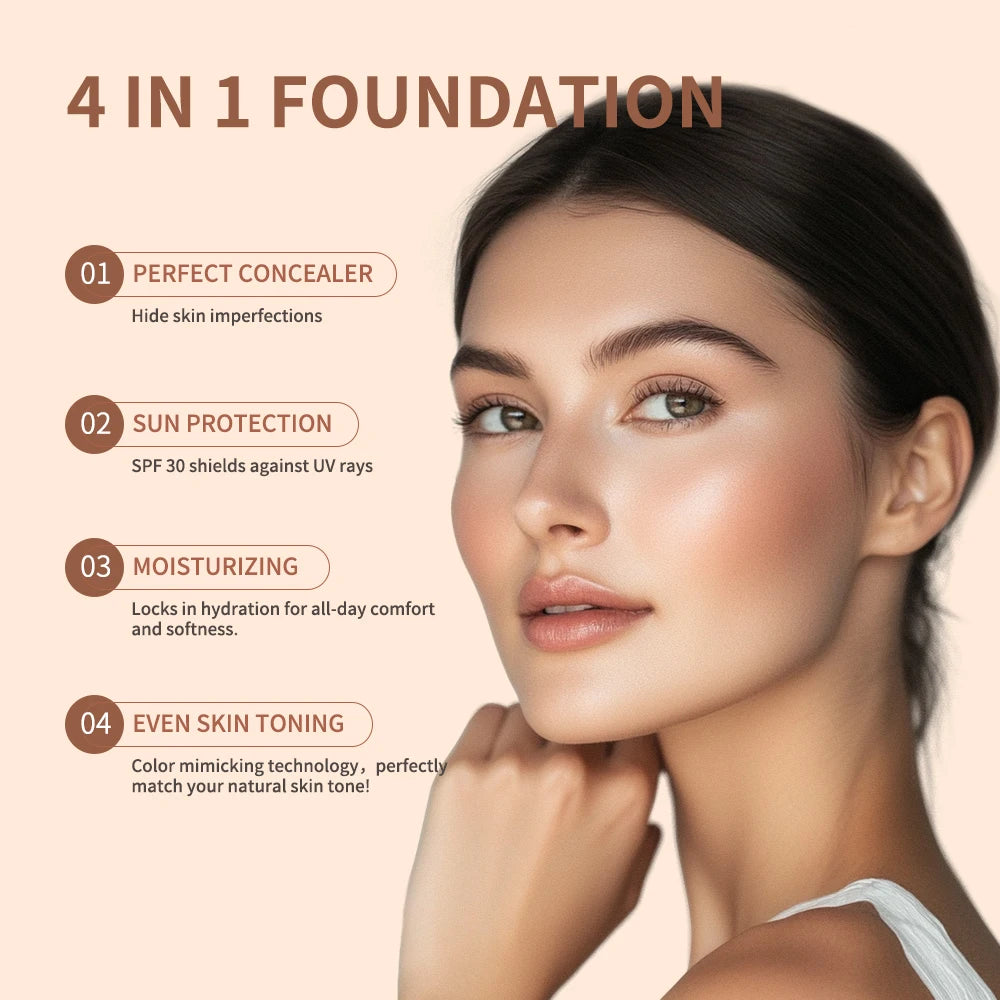 4in1 Foundation Liquid Hydrating Full Coverage Concealer SPF30 Long-wearing Waterproof Even Skin Tone Foundation Face Cosmetics Peaceful Pleasures Health and Wellness