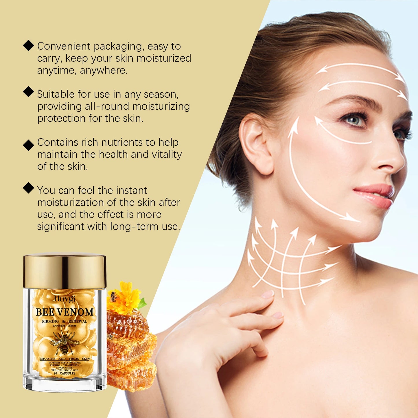 Bee Venom Facial Essence Capsule Fade Fine Line Firming Lifting Improve Sagging Skin Increase Elasticity Repair Tightening Serum Peaceful Pleasures Health and Wellness