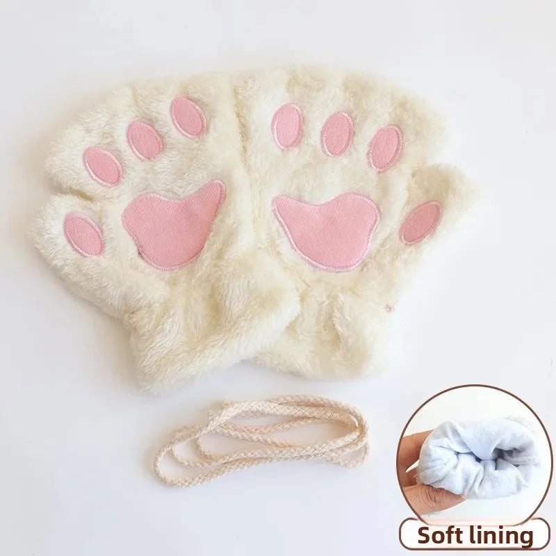 Cat Paw Fuzzy Fingerless Gloves – Soft Plush Winter Mittens